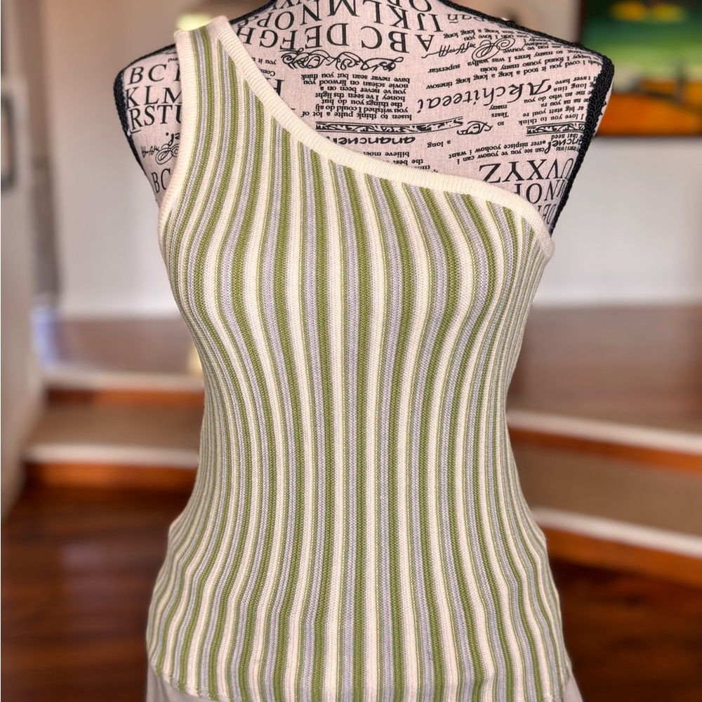 Yllw Green and White Striped One-Shoulder Top